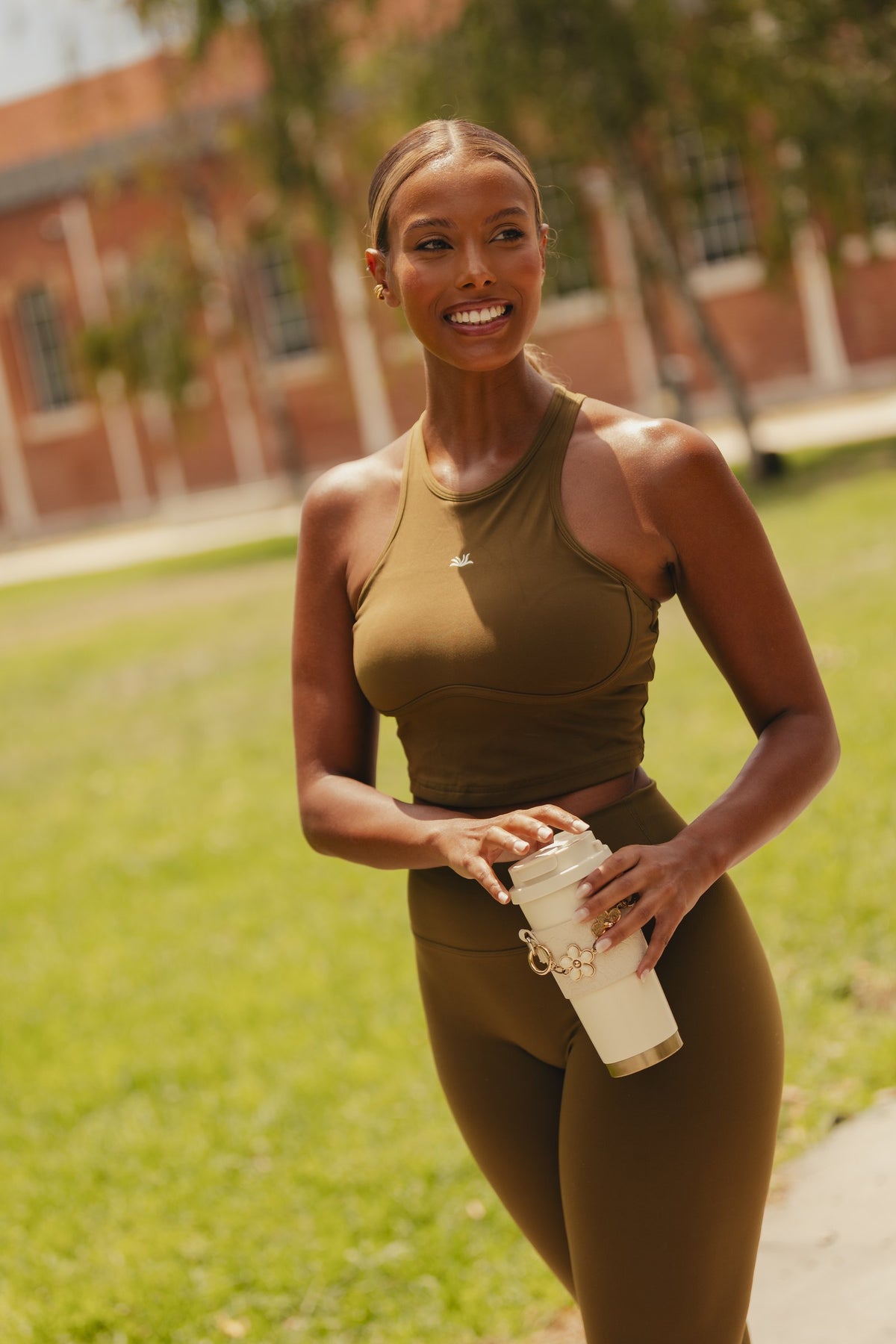 Pulse Bra in Olive Green – front view, high-neck racer
