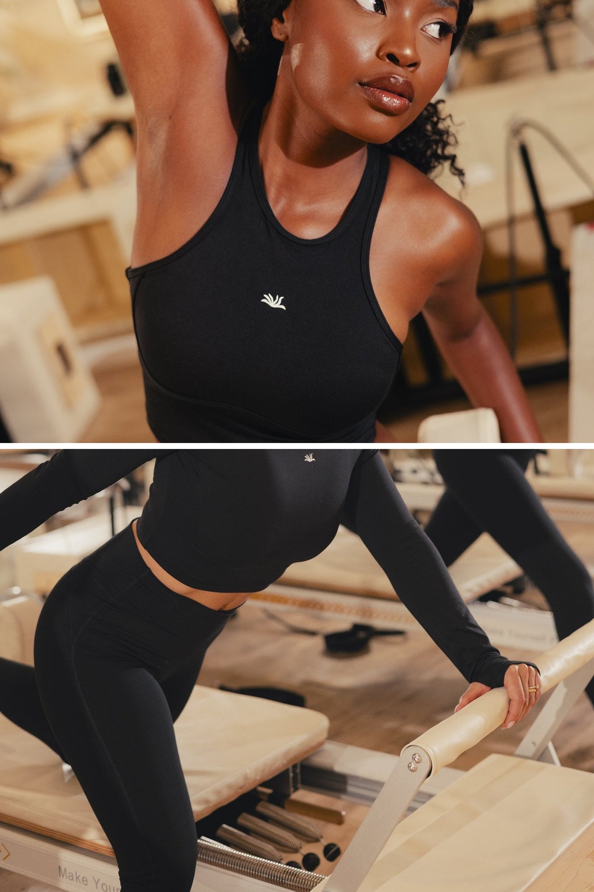 The Reformer Set in Black: the Pulse Bra (top) and the Elevate V-Legging (bottom), shown on two models